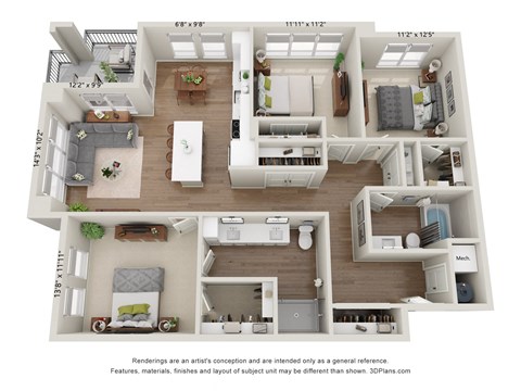Floor plan for 3 beds, 2 baths, 1494 sqft